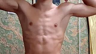 Flex skinny boy shows muscular body in homemade session after study