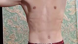 Flex skinny boy shows muscular body in homemade session after study