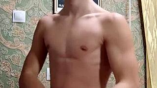 Flex skinny boy shows muscular body in homemade session after study
