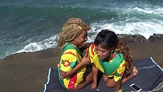 Pornstars Nina Rivera and Porsha Carrera dive into steamy lesbian sex on the beach, licking wet pussies and ripping clothes 😈🌊