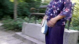 Hairy mature woman flashes Aladdin pants mysteriously at public park