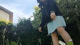 Imagine a bold woman casually relieving herself and belching openly in the park, no underwear involved.