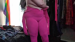 Chubby Girl Tries On Stretchy Pink Bodysuit For Fun