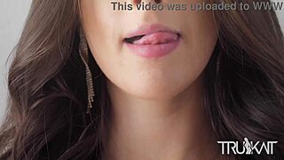 tru kait bends over for double blowjob and rough doggystyle fucking with two big cocks