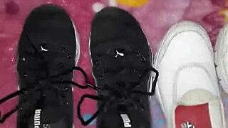 Cumshot explodes on her fetish tennis shoes!