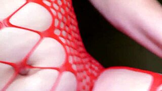 lady in red engages in intimate activity with dirty talk