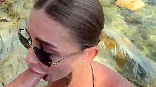 Blonde Babe Gives Best Blowjob With Cumshot On Face And Tits From Stranger On Beach