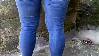 she pulls down her jeans so he can fuck her tight colombian asshole outdoors with rough first time anal creampie