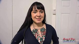 Busty brunette coed Victoria starts by sucking a hard boner in the dorm. She gets banged doggystyle with cumshot on tits