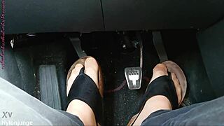 nylon feet and toe separators displayed casually in the car