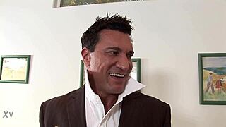 blonde honey blowing him in a neutral setting