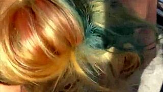 So this blonde slut gets fucked doggystyle outdoors in public and takes a huge facial cumshot