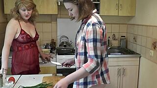 Two lesbian women in the kitchen without panties. What happens when they get intimate? Featuring blonde milf and cute girl with perfect asses.