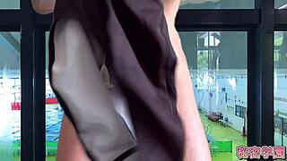 Slut ejaculates in swimsuit during cross-dressing masturbation