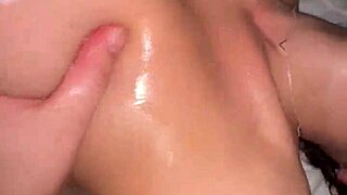 hot wife gets shower blowjob and cum on big tits. she's moaning loud