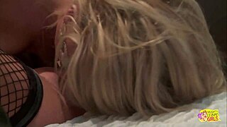 horny blondes in lingerie and heels moan loudly during lesbian sex.