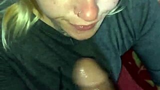 Blonde sucks cock deep and gets facial cumshot.
