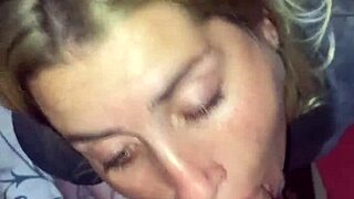 Blonde sucks cock deep and gets facial cumshot.