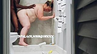 Plump brunette milf rides big black cock in shower and bedroom for creampie