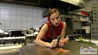 Latex Slut Stuffed With Cucumber In Kitchen Punishment