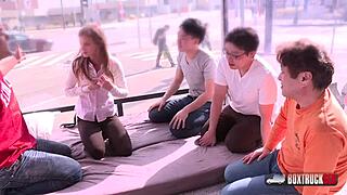 Beautiful Sarah Kay gets a cum shot on her big ass in the public.