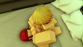 Detailed sex scene between Denji and Makima in Roblox style.