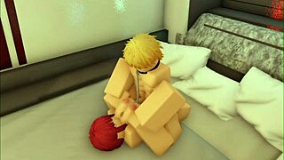 Detailed sex scene between Denji and Makima in Roblox style.