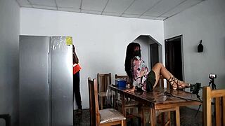 hot woman spreads legs and shows ass to strangers in her house