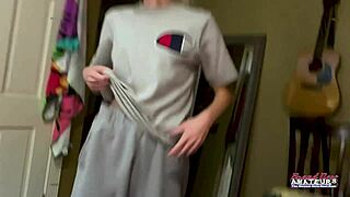 Petite inked blonde gently rubs her juicy titties and finger fucks her twat