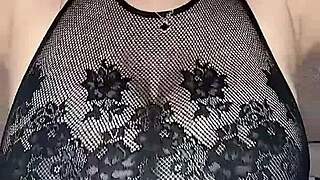 in stockings on the body mesh fucks huge natural tits from above