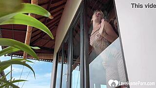 Blonde amateur in fishnets gives a blowjob and takes standing doggystyle cumshot early in the morning.