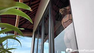 Blonde amateur in fishnets gives a blowjob and takes standing doggystyle cumshot early in the morning.