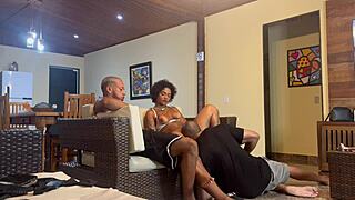 Stepdaughter surprises dad with threesome when alone!