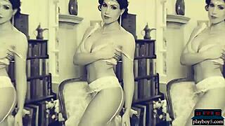 Busty brunette milf models strip naked and show off big tits and ass