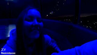 Watch this blowjob in the amusement park, then quick standing fuck back home?