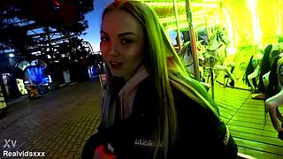Watch this blowjob in the amusement park, then quick standing fuck back home?