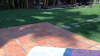 I am a horny milf cougar named Shay Sights getting my pussy fucked in a bikini by the pool