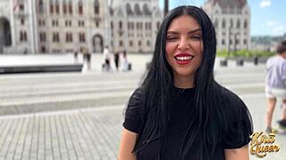 Kira Queen Strips and Fucks Tourist Raw on Sofa