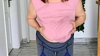 Giant mature boobs without bra swinging in different directions to the music hot striptease