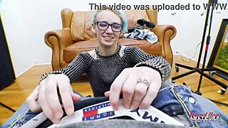 Petite blue-haired raven fingers and sucks