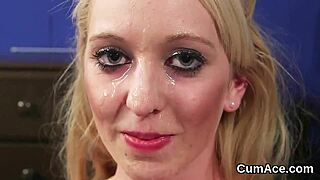 Naughty hottie joins blowbang, getting jizz load on face and swallowing cum.