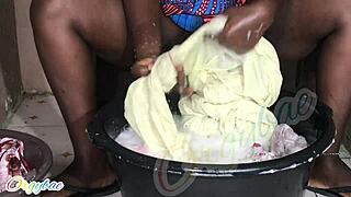 Housewife tackles weekend laundry with bold efficiency