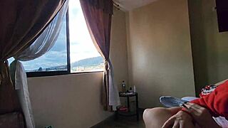 sexy blonde sucks a big cock in front of a mirror in a hotel her cute face is covered in hot cum