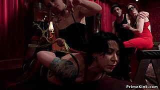 Bent over wooden sub gets toyed in bondage