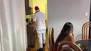 Amateur friends indulge in detailed group sex during Christmas dinner with deepthroat and fisting