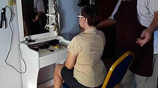 camera captures lady undressing in nude barbershop for hair cut, scene 1