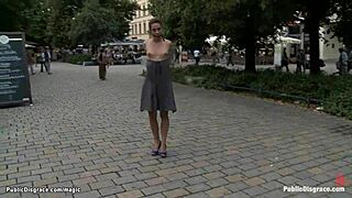 German babe bound and humiliated in public streets with big cock domination and flashing