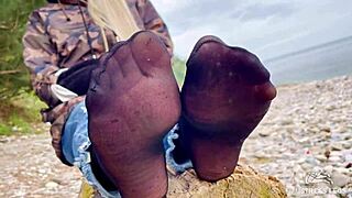 Compilation: Beautiful Nylon Feet In Jeans Teased Outdoors Close Up