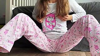 teen in pajamas with small tits masturbates pussy and squirts