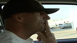 while giving the ice cream man an upskirt of her panties as she sits in the back of his